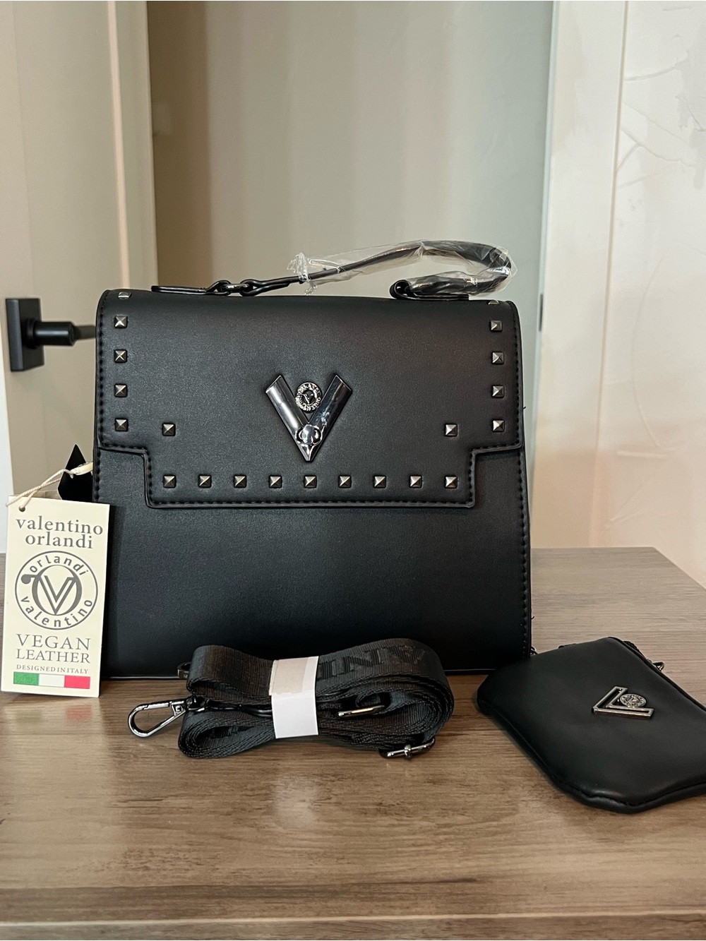 NWT Valentino Orlandi Black Women's Nylon Crossbody Bag with gunmetal Accents